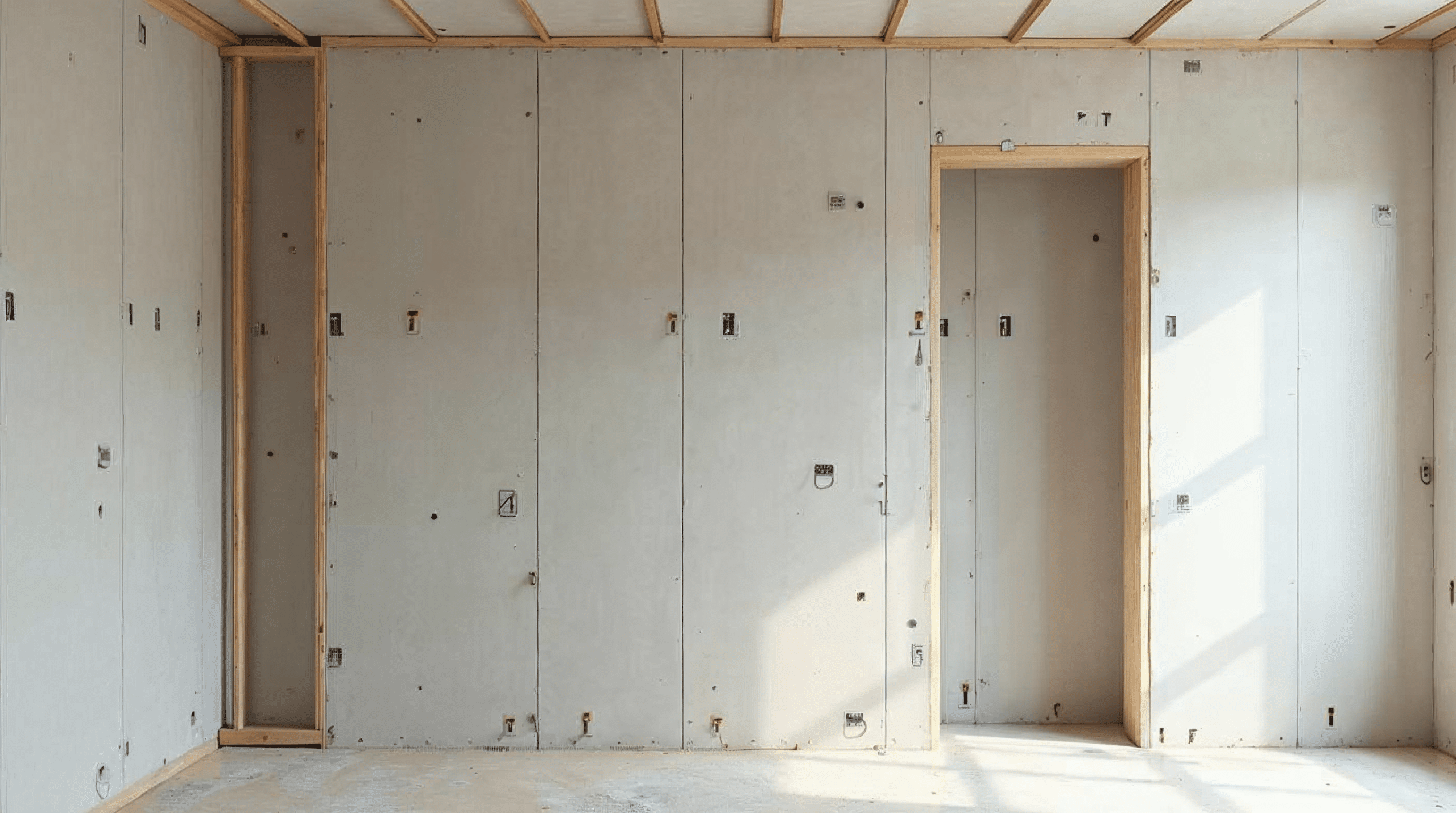 Trockenbauwand mit Türöffnung im Bau, Metallständerwerk sichtbar