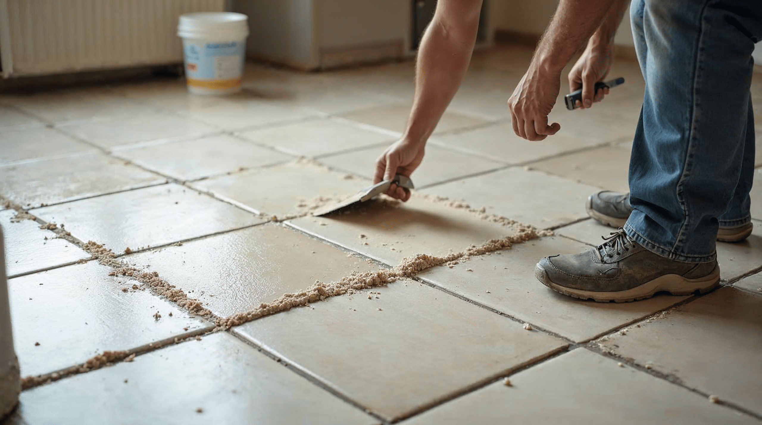 Fliesenboden wird mit Ausgleichsmasse gespachtelt