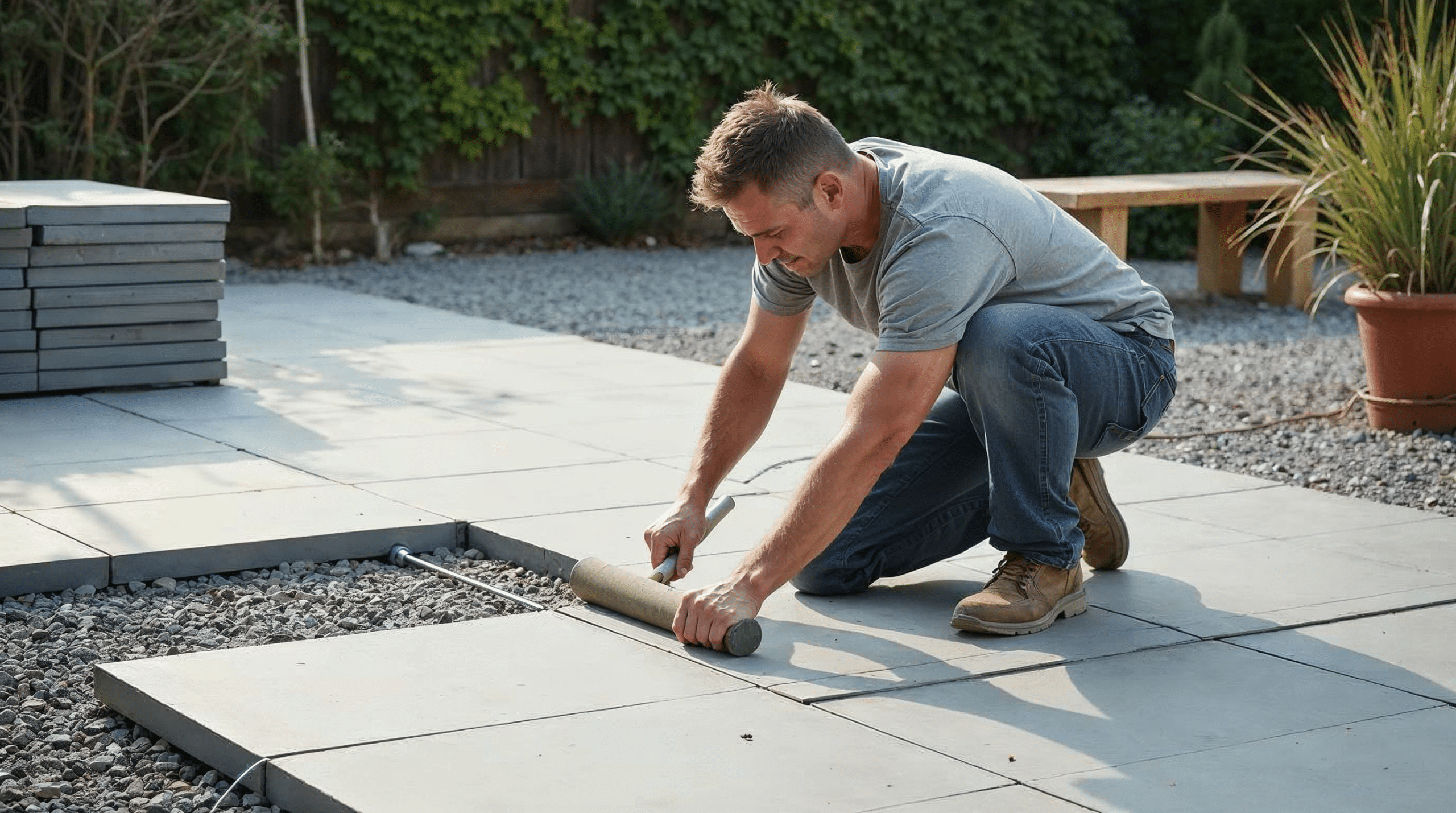 Handwerker verlegt neue graue Feinsteinzeug Terrassenplatten auf dem bestehenden Unterbau einer Bremer Terrasse