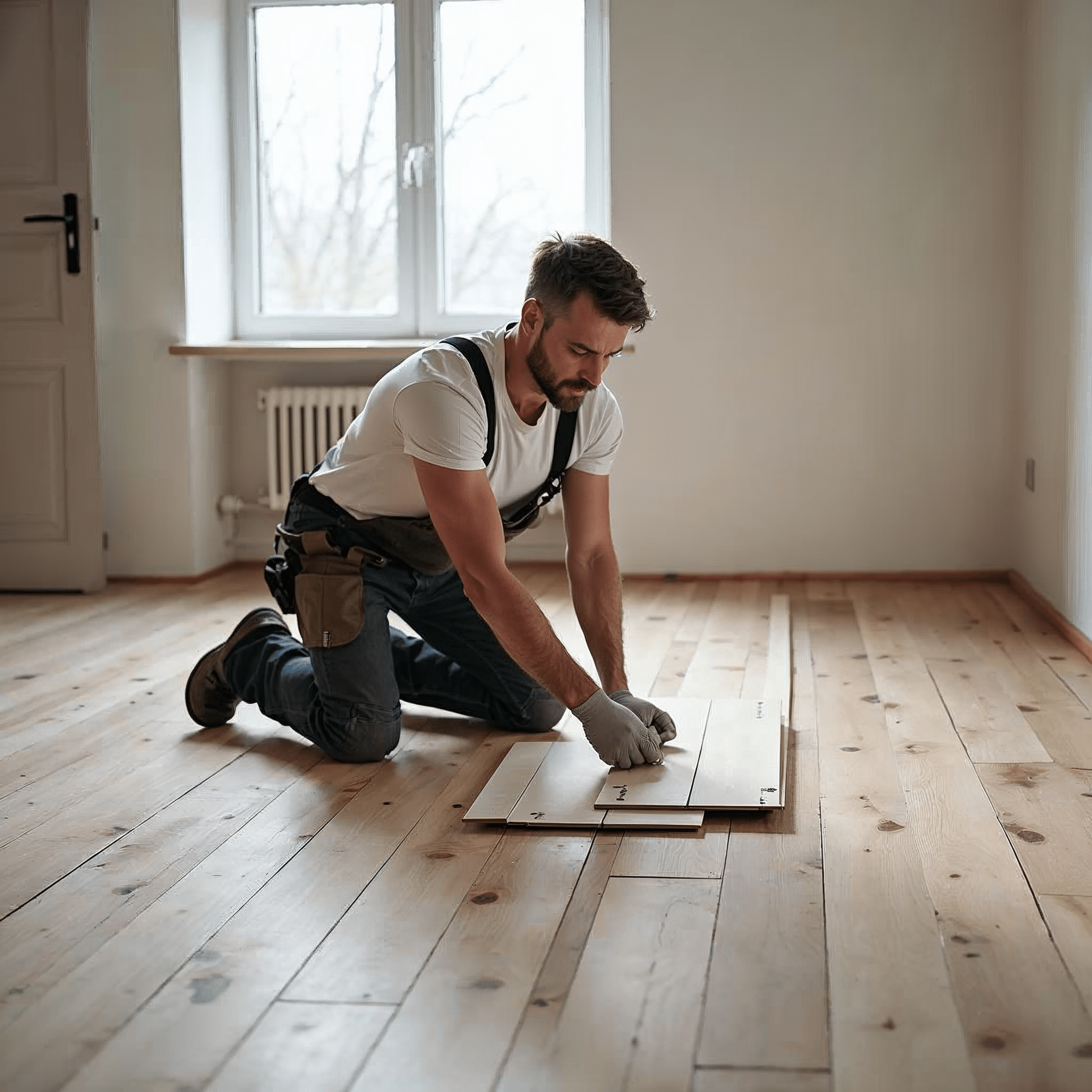Handwerker verlegt Klick-Vinyl in einem hellen Wohnzimmer