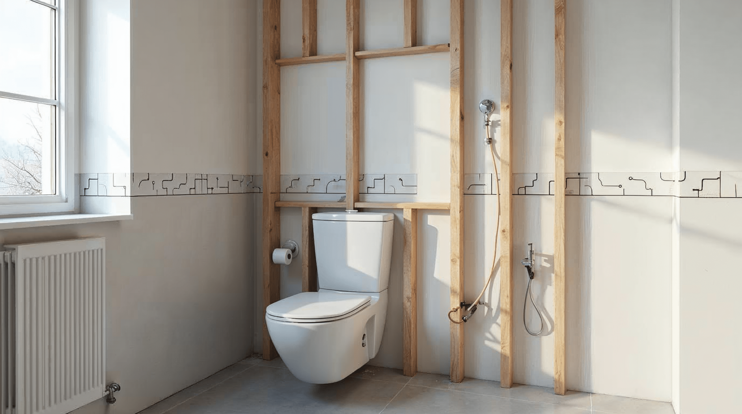 Vorwandinstallation im Badezimmer mit Sanitärleitungen und Spülkasten