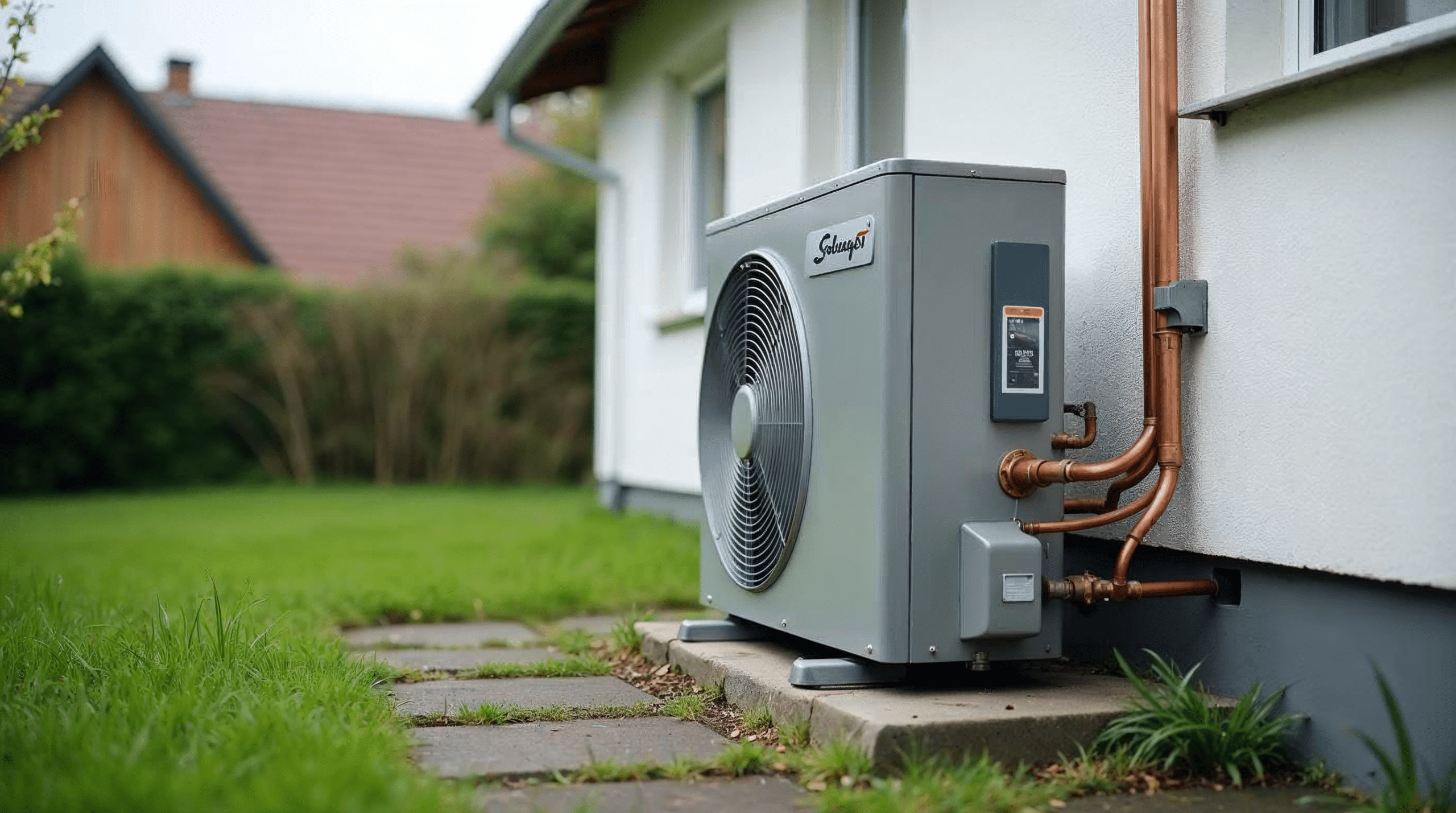Au\u00dfeneinheit einer Luft-Wasser-W\u00e4rmepumpe an der Seitenwand eines Einfamilienhauses in Bremen