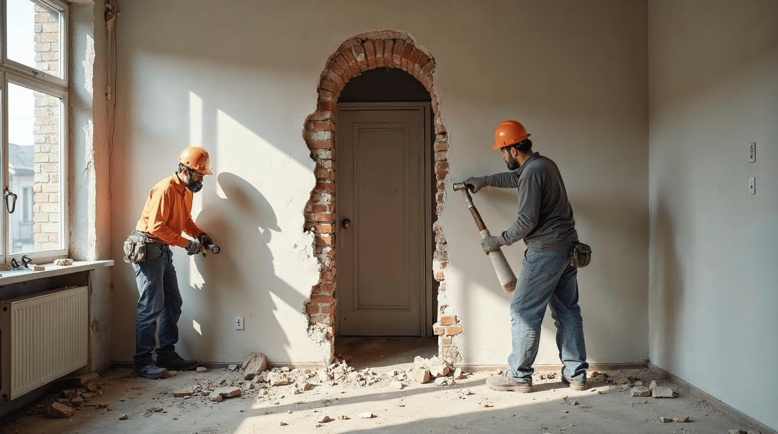 Arbeiter in Schutzkleidung beim Rückbau einer Innenwand