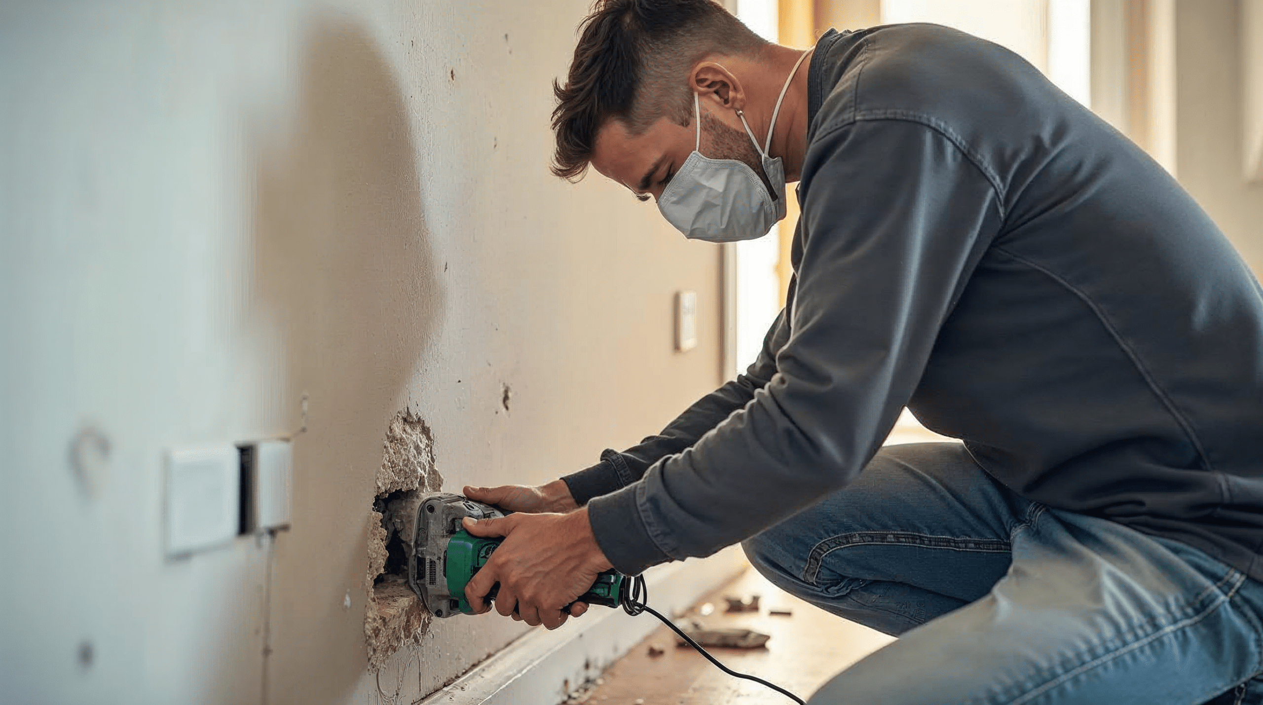 Elektriker schlitzt Wand für neue Stromleitungen