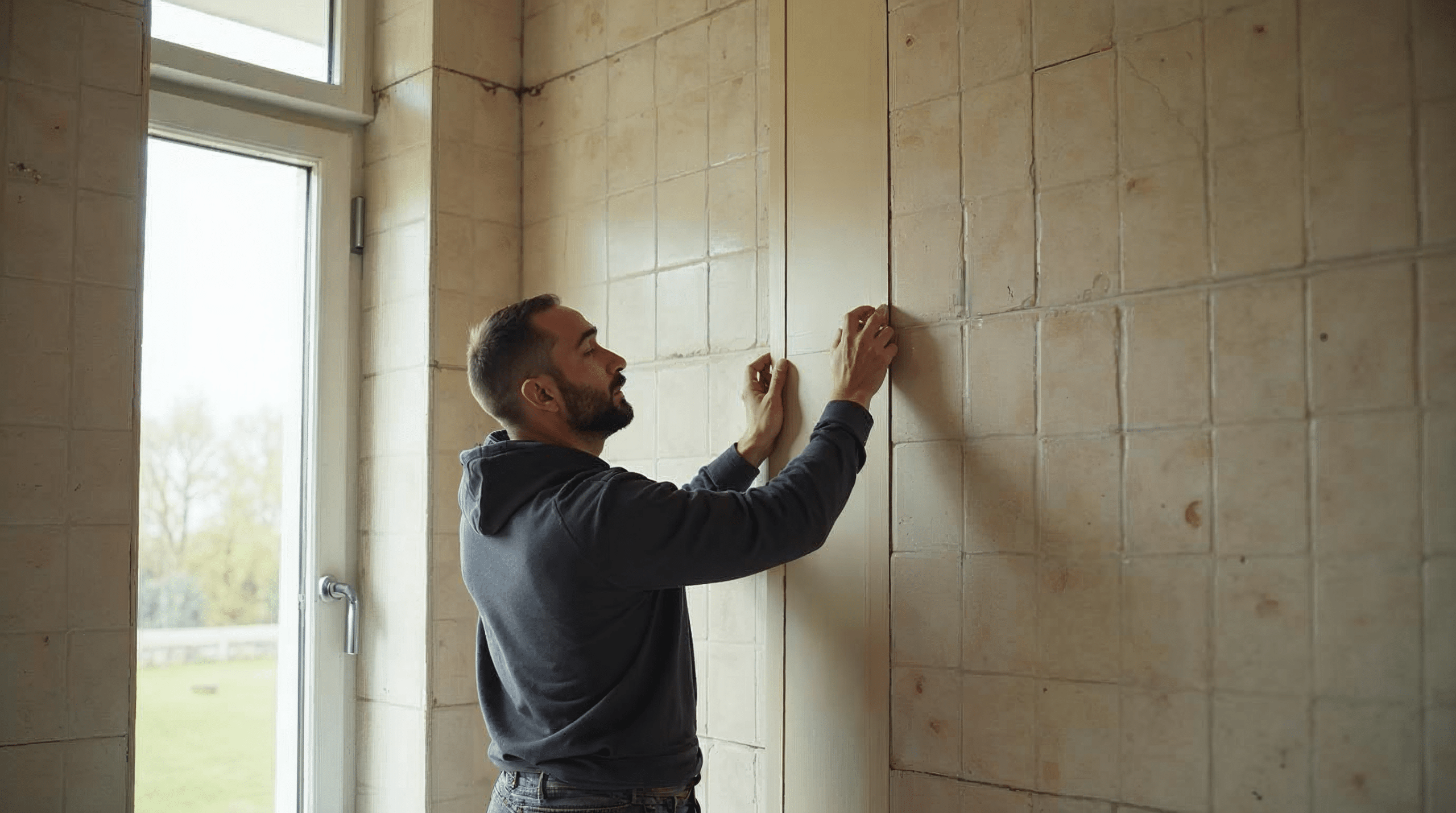 Handwerker montiert moderne matte Wandpaneele in Steinoptik direkt über alten Wandfliesen in einem Bremer Bad