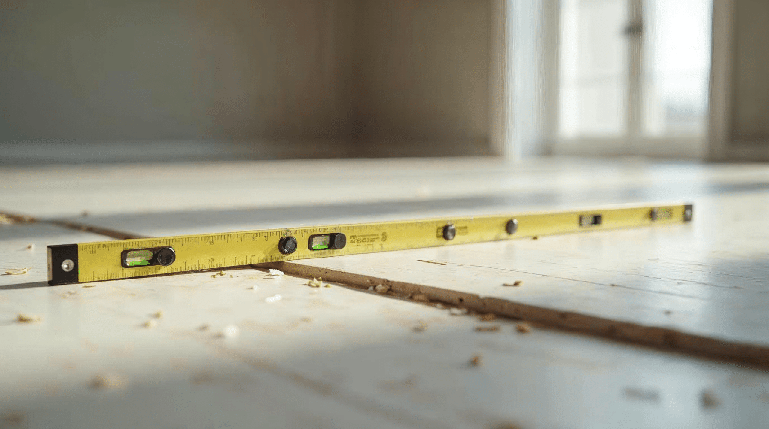 Lange Wasserwaage prüft die Ebenheit eines Bodens