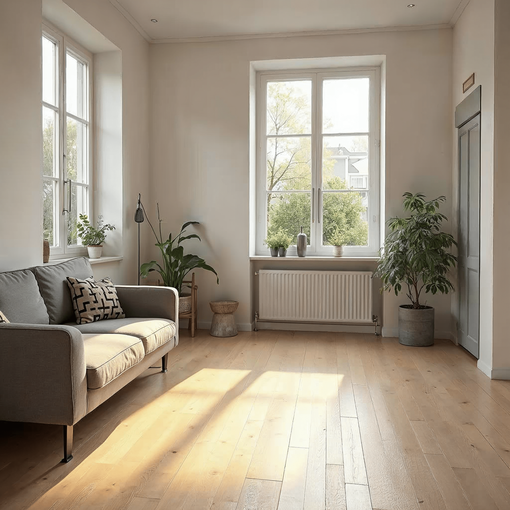 Wohnzimmer mit Vinylboden und Fußbodenheizung nach der Sanierung in Bremen