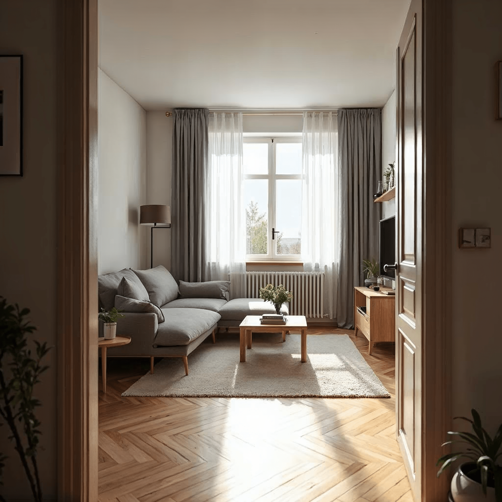 Wohnzimmer in einem Bremer Altbau mit Eichenparkett und schlichter Einrichtung