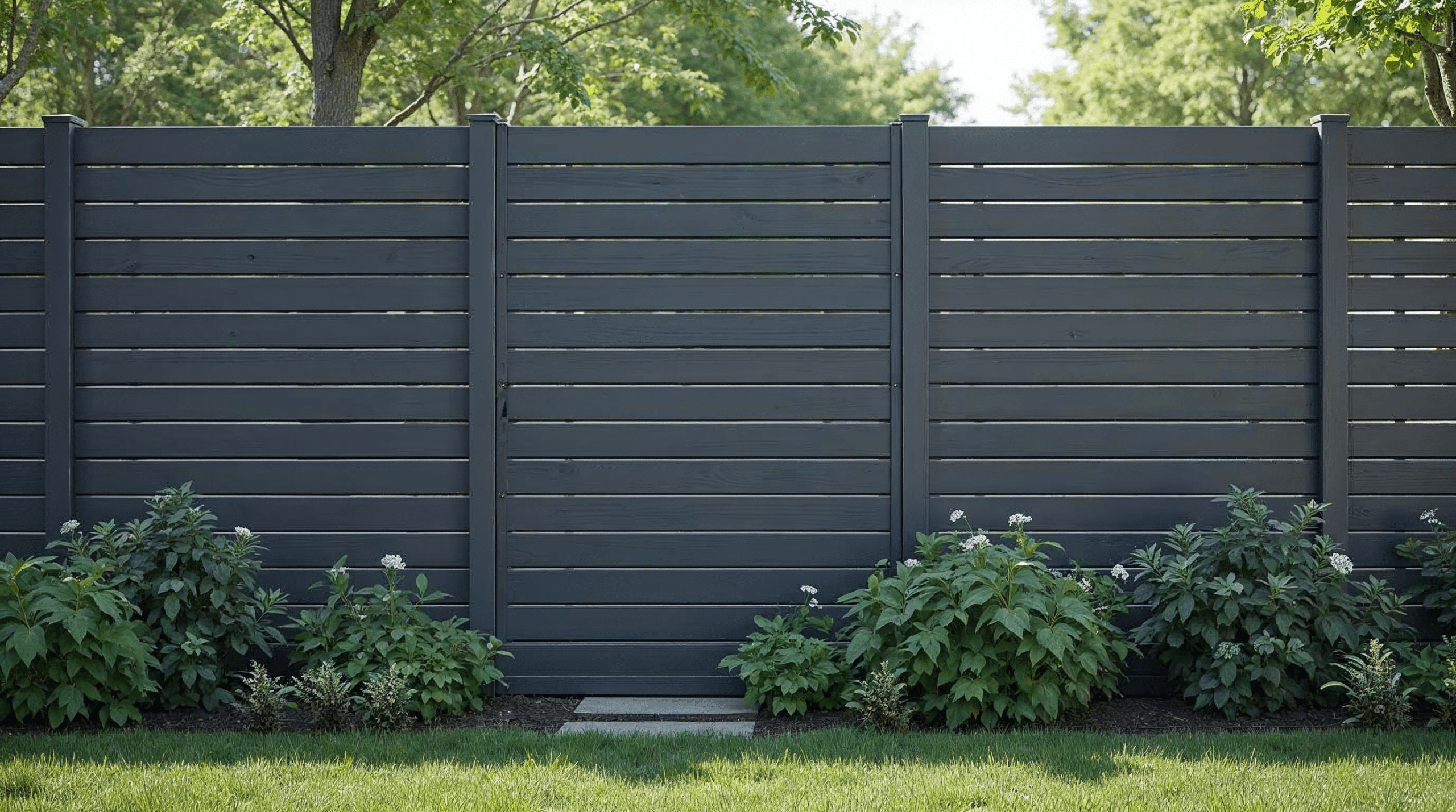 WPC-Sichtschutzzaun Detailansicht mit horizontalen Lamellen