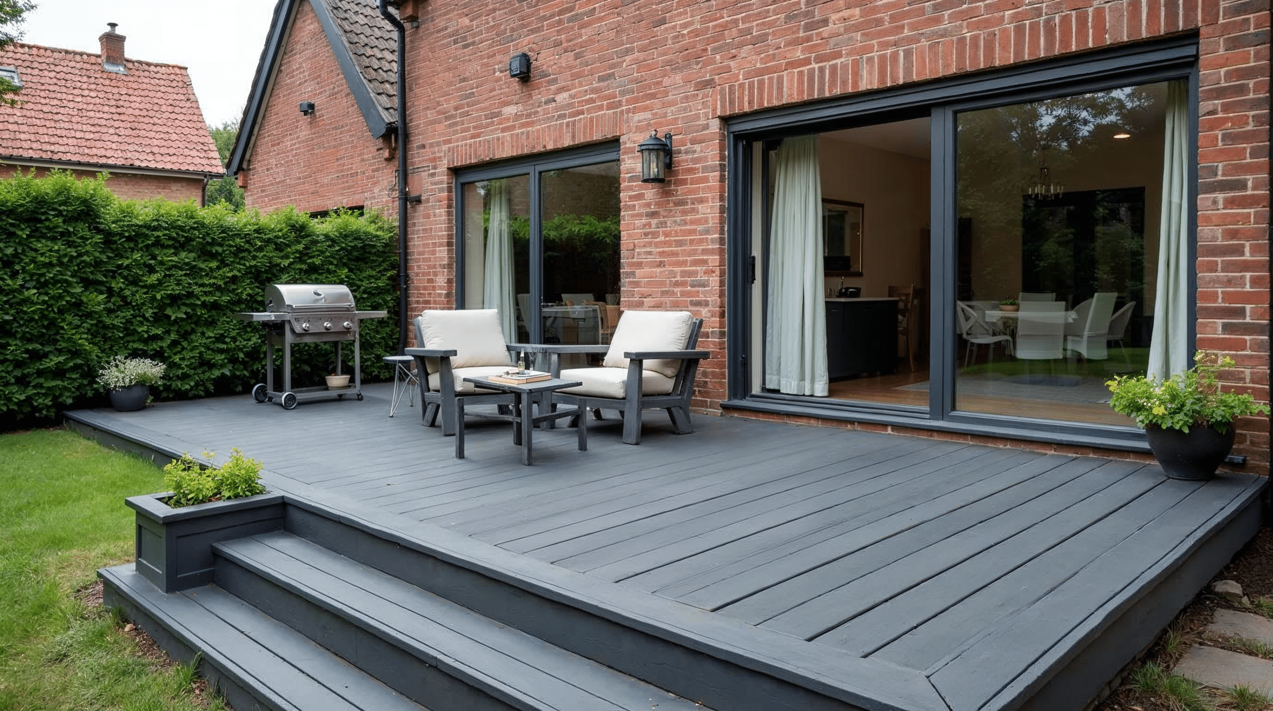 Fertige WPC-Terrasse an einem norddeutschen Wohnhaus