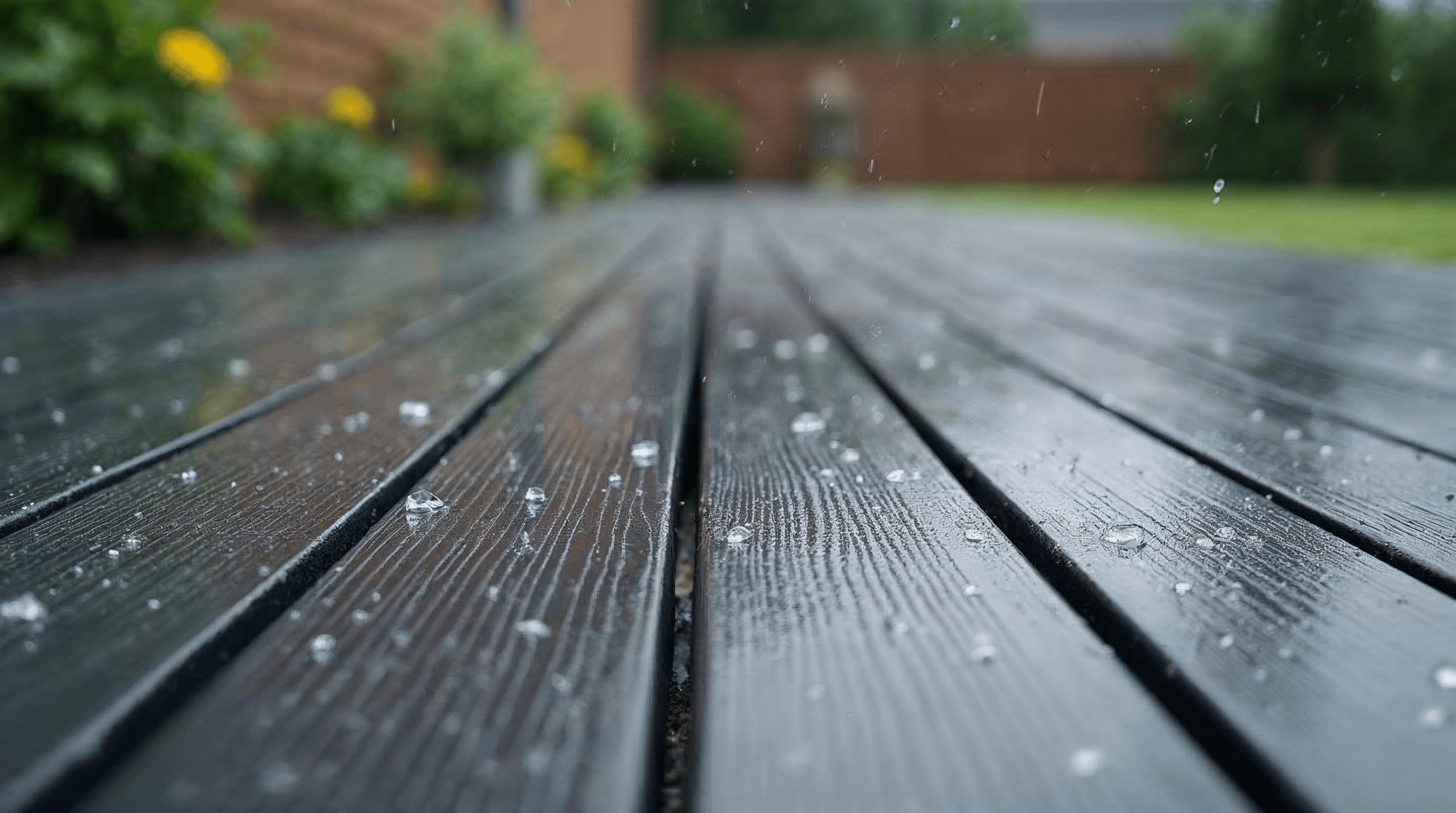 Detailaufnahme von WPC Terrassendielen in Anthrazit