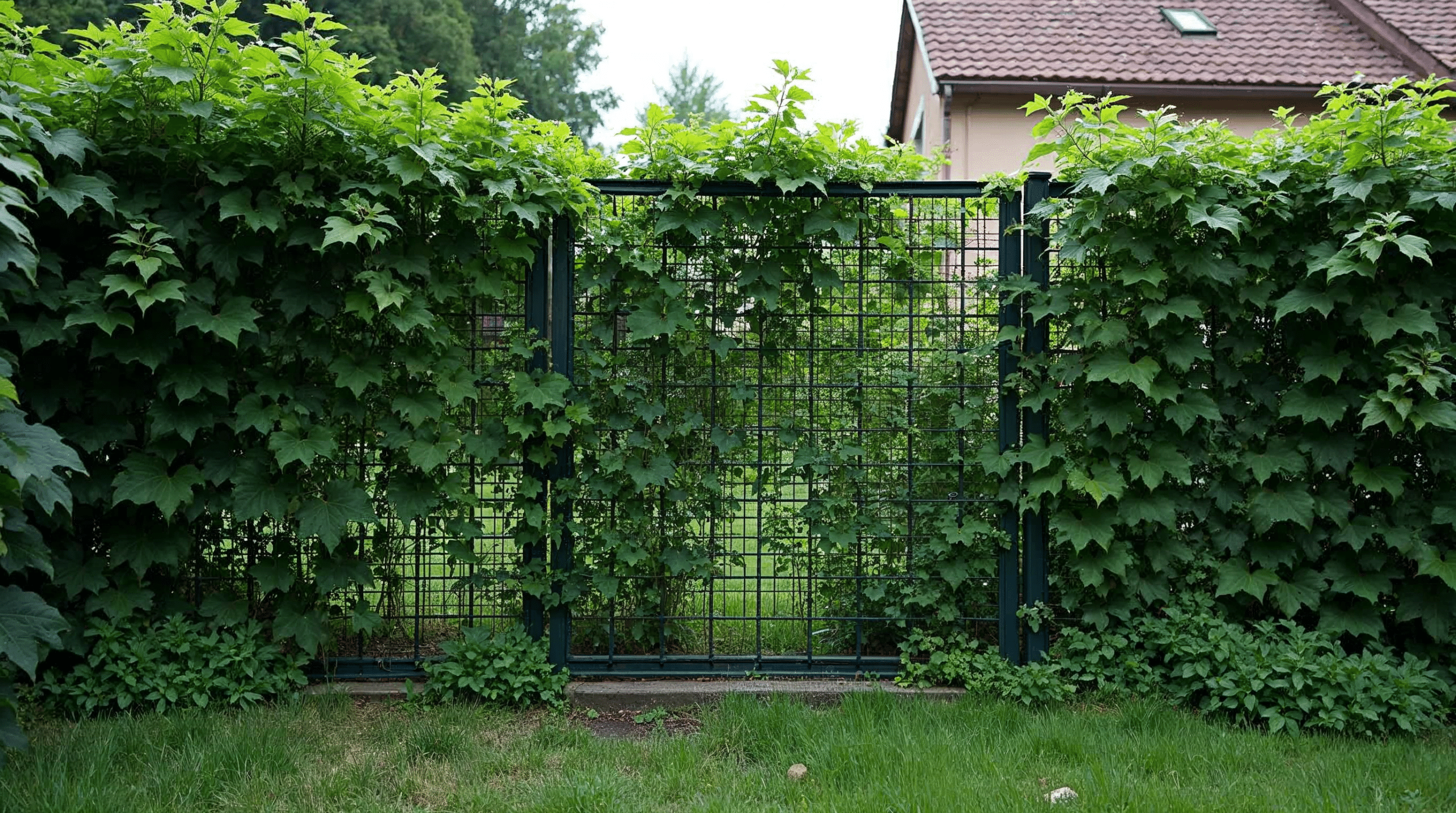 Doppelstabmattenzaun mit Kletterpflanzen als natürlicher Sichtschutz