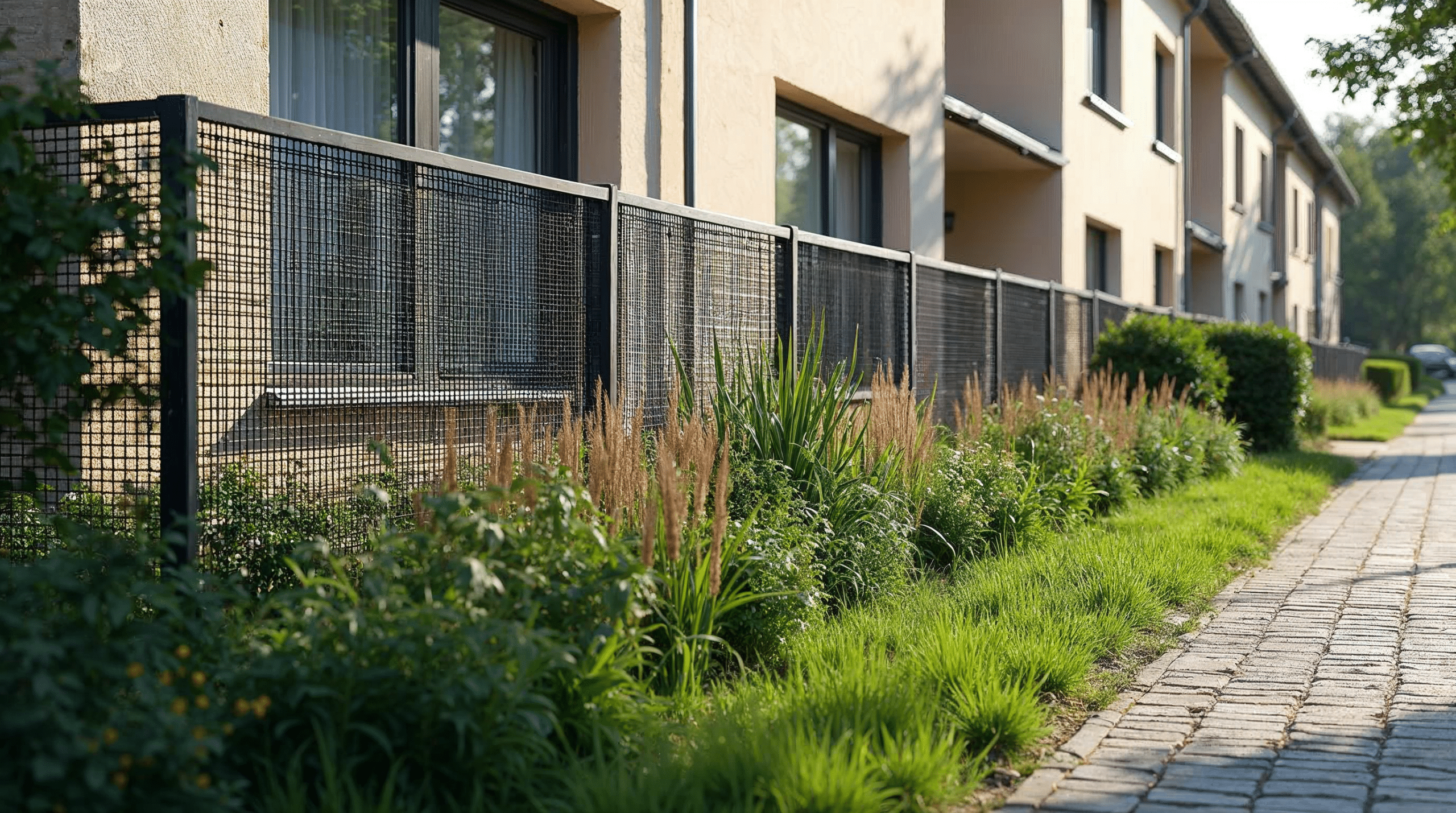 Niedriger Zaun mit Pflanzen als natürlicher Sichtschutz im Reihenhausgarten