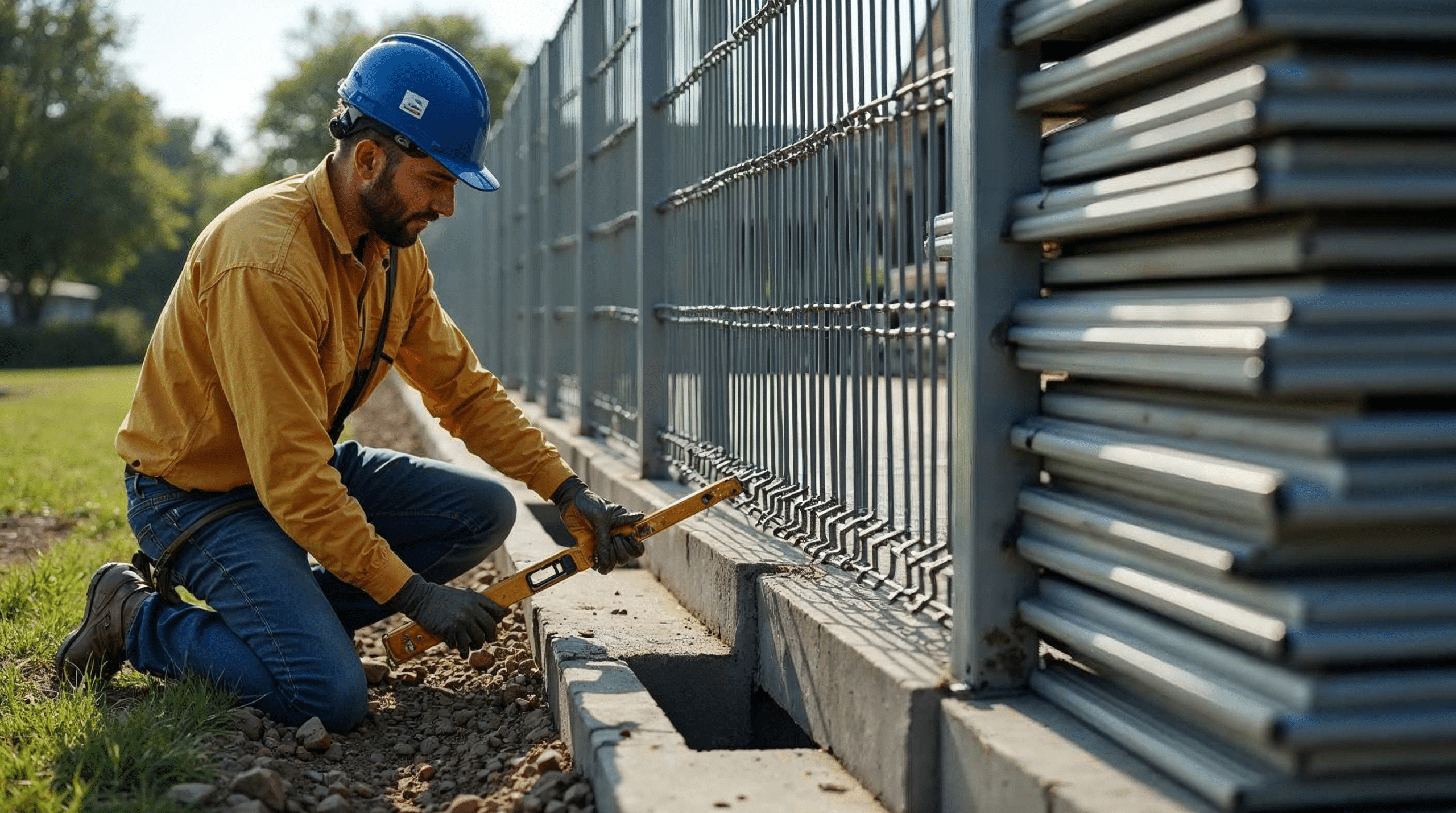 Montage eines Doppelstabmattenzauns mit Pfosten in Beton